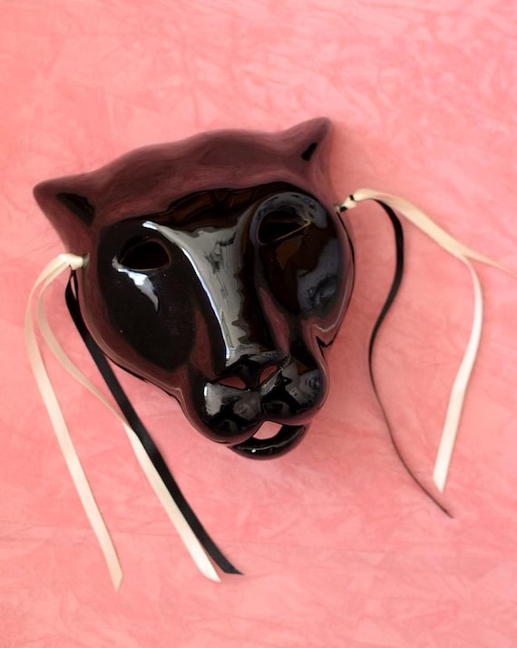 Vintage 1980s Black Panther Ceramic Wall Mask | Lis Ceramics | Mid Century and 1980s Decor