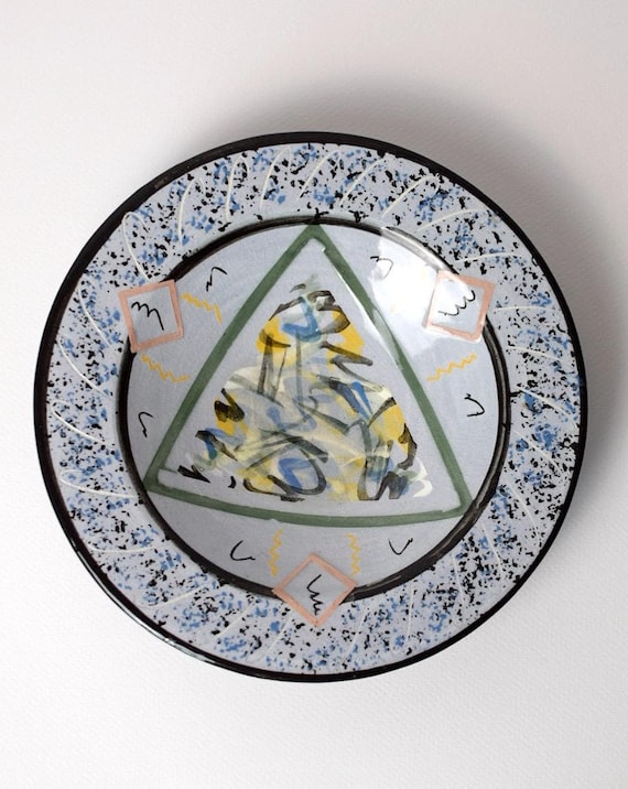 Vintage Blue Hand-Painted Ceramic Dish | Abstract Midcentury Design | 7.5" Diameter