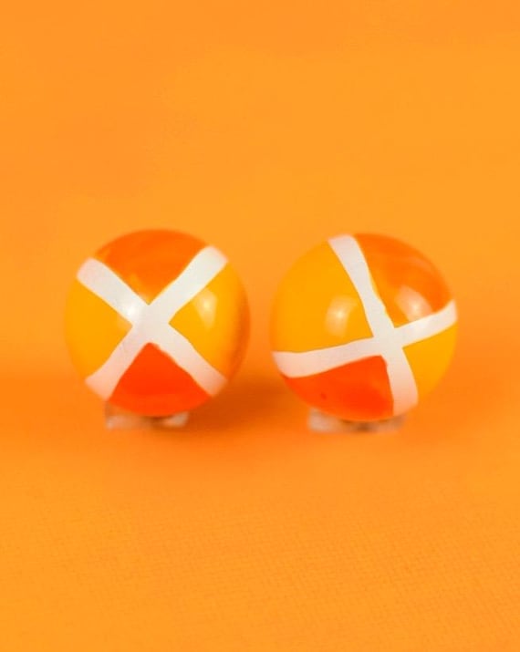 1960s Mod Clip On Earrings: Orange & Yellow Retro Design