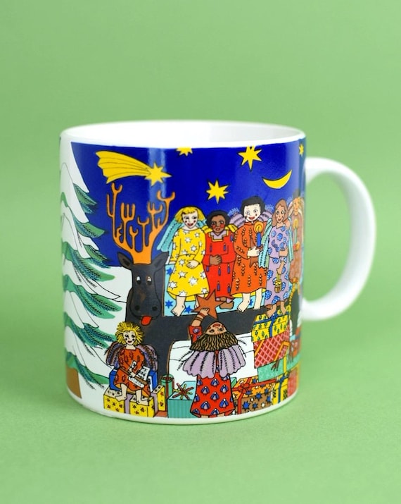 Vintage 90s Kiki Suarez Holiday Mug | "People on Deer" Design | Retro Christmas | Japan