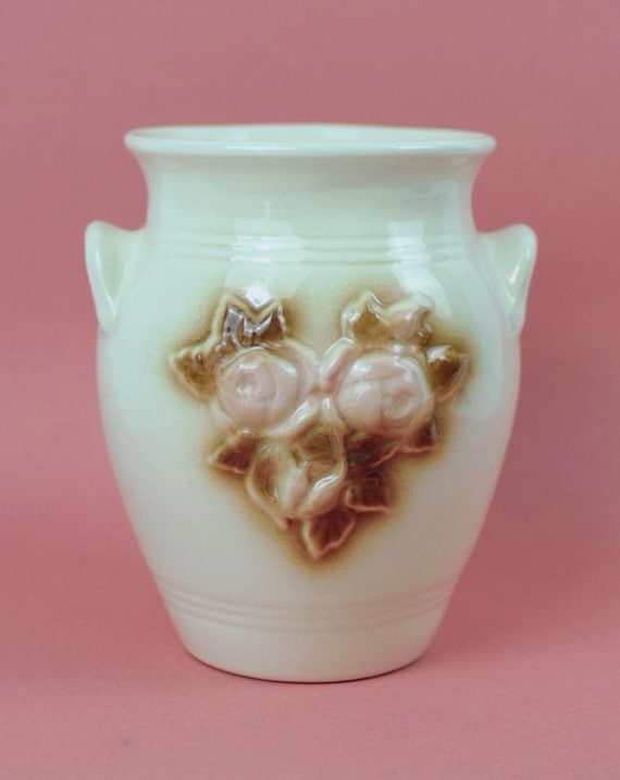 Vintage Pink Roses Crock Ceramic Vase | Guldkroken Hjo Sweden | Model 77161 | Romantic Cottage Decor