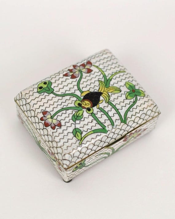 Vintage Cloisonné Trinket Box | Floral Fish Enamel Hinged Box | Chinese Cloisonne Jewelry Storage