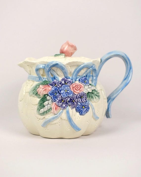 Vintage Floral Ribbon Teapot | 1993 Fitz & Floyd | Victorian Lace Design | Cottagecore Kitchen