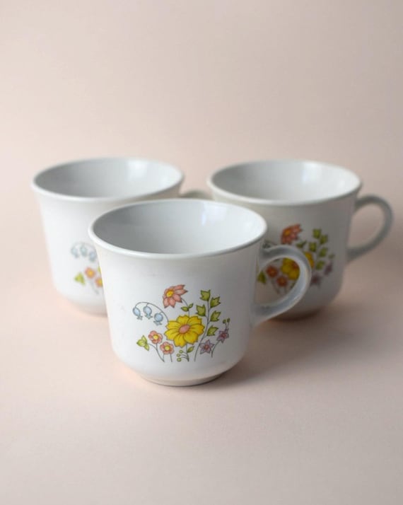 Vintage Corelle Spring Meadow Mugs and Saucers | 1970s Floral Mugs by Corning