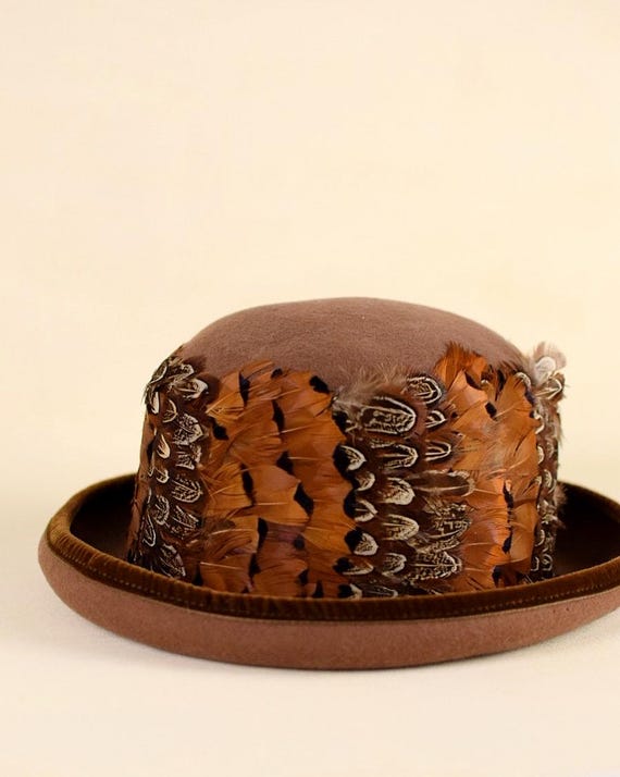 Vintage Brown Wool Feather Hat - Mid-Century Bollman