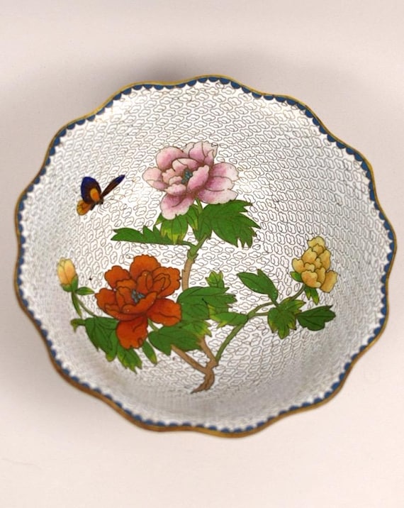 Vintage Chinese Cloisonne Bowl | Floral & Butterfly Motif | 8” Decorative Enamel Brass Bowl | Handcrafted Asian Decor