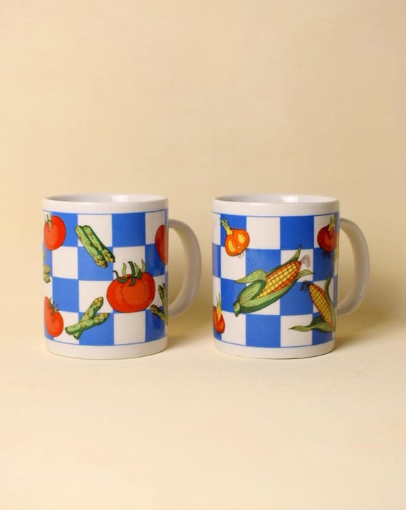 Set of 2 Vintage Vegetable Mugs | Tomato, Asparagus, Corn & Onion | Studio Nova