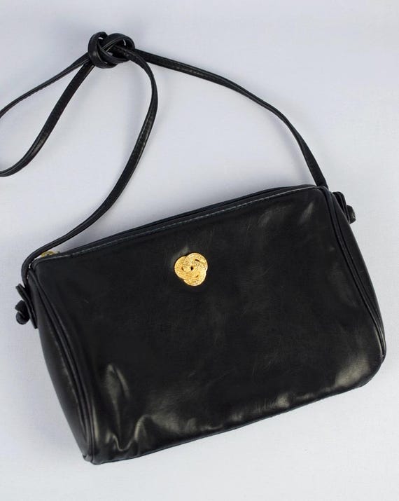 80s Vintage Navy Blue Purse | Faux Leather with Gold Decal | Elegant Retro Shoulder Bag