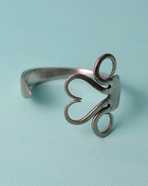 Vintage 1970s Fork Heart Bracelet | Silver-Plated Cuff | Upcycled Cutlery Jewelry | Retro Folk Art