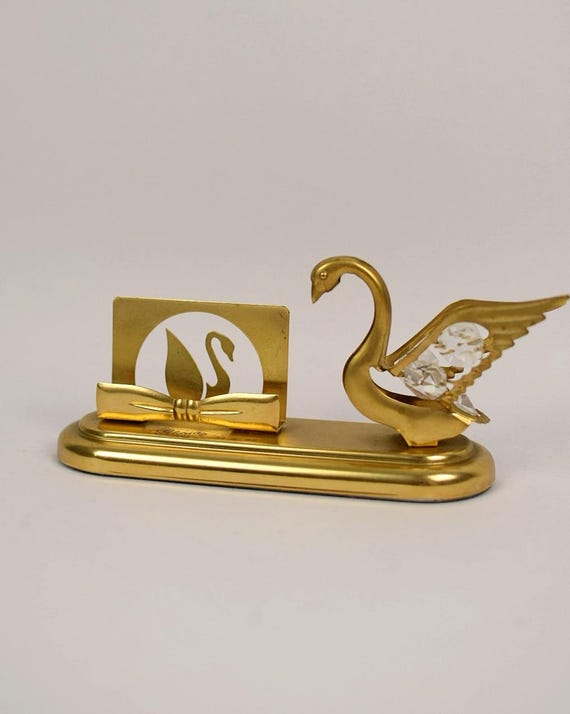 Vintage Brass Swan Business Card Holder | 24K Gold Plated and Austrian Crystal | Vintage Desk Accessory