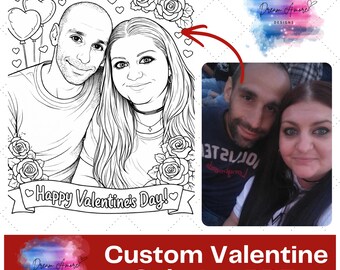 Puede incluir: Un dibujo lineal en blanco y negro de una pareja con el texto "Happy Valentine's Day!" en una pancarta. La imagen incluye rosas, corazones y una pequeña foto de la pareja. También está presente el texto "Custom Valentine Coloring PDF".