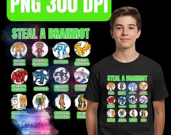 May include: Black t-shirt featuring the phrase "STEAL A BRAINROT" above a grid of colorful cartoon characters. The shirt design includes various whimsical creatures and text labels. The image also shows the text "PNG 300 DPI" in a green box.