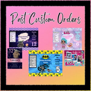 Puede incluir: Una colecci&oacute;n de dise&ntilde;os personalizados para recuerdos de fiesta, incluyendo bolsas de patatas fritas y etiquetas. Los dise&ntilde;os presentan temas como Grogu de Star Wars, Batman y mu&ntilde;ecas LOL Surprise. El texto incluye saludos de cumplea&ntilde;os y detalles de la fiesta.