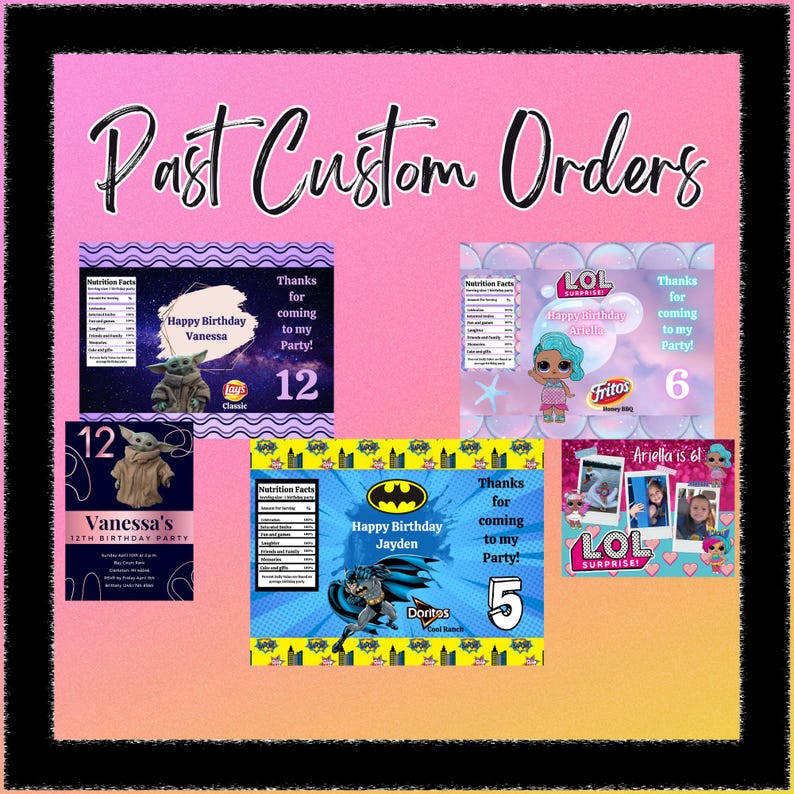 Puede incluir: Una colecci&oacute;n de dise&ntilde;os personalizados para recuerdos de fiesta, incluyendo bolsas de patatas fritas y etiquetas. Los dise&ntilde;os presentan temas como Grogu de Star Wars, Batman y mu&ntilde;ecas LOL Surprise. El texto incluye saludos de cumplea&ntilde;os y detalles de la fiesta.