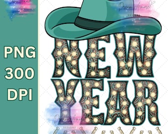 Western Neujahr PNG | Cowgirl Neujahr Png | Teal Neujahr Png | Grüße ins neue Jahr | Guten Rutsch ins Neue Jahr Dtf Design | Sofortiger Download
