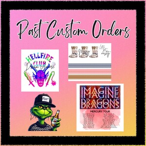 Puede incluir: Un collage de dise&ntilde;os de pedidos personalizados sobre un fondo degradado rosa y amarillo. Los dise&ntilde;os incluyen un personaje parecido al Grinch sosteniendo una cerveza, un gr&aacute;fico de "Hellfire Club", un dise&ntilde;o de botas "Messy" y un p&oacute;ster de la gira Imagine Dragons.