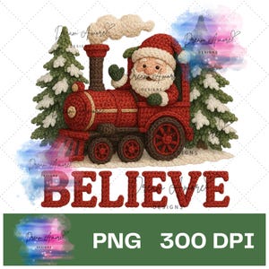 Puede incluir: Un tren rojo con Papá Noel conduciendo, rodeado de árboles de Navidad verdes y la palabra "BELIEVE" en rojo. La imagen tiene un efecto de acuarela con el texto "PNG 300 DPI".