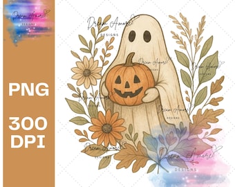 Vintage Halloween Ghost & Pumpkin PNG | Floral Clipart (Instant Download)