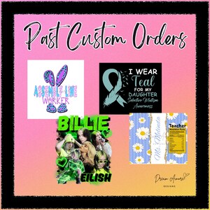 Puede incluir: Un collage de dise&ntilde;os de pedidos personalizados sobre un fondo degradado rosa y naranja. Los dise&ntilde;os incluyen una cinta turquesa con texto, un gr&aacute;fico de Billie Eilish, un dise&ntilde;o con tem&aacute;tica de margaritas y un dise&ntilde;o de "Assembly Line Worker" con orejas de conejo.