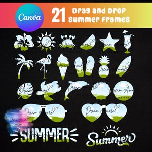 Op de afbeelding: Een verzameling van 21 zomerse drag-and-drop frames. De frames bevatten afbeeldingen van een hibiscusbloem, zon, krab, ster, cocktail, palmboom, flamingo, ijsje, slippers, ananas, surfplank, blad, schildpad, dolfijn, zeeschelp, zonnebril en hart.