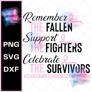 Può includere: Design digitale con il testo "Remember the Fallen, Support the Fighters, Celebrate the Survivors" in nero e rosa. Presenta nastri rosa e dettagli acquerellati, promuovendo la sensibilizzazione al cancro al seno.