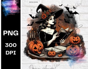 Witch Reading PNG: Clipart na Halloween, Straszny projekt książki (Pobieranie cyfrowe)