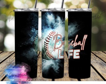 May include: Three 20 oz. straight tumblers with baseball-themed designs. One features a baseball graphic with the text "Baseball LIFE". The tumblers are 9.3" tall and 8.2" wide, with a black background and a silver straw.