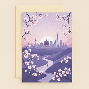 Cartão de paisagem urbana de flores de cerejeira