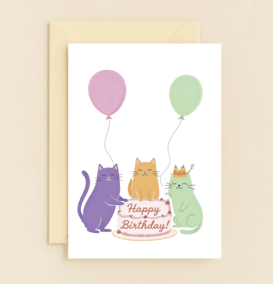 : bhiosng happy birthday card for cat lover, funny... Funny Birthday Greeting Card Cute Cat Trio With Balloons - Etsy