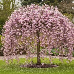 May include: A weeping cherry tree with a central brown trunk and long, cascading branches covered in dense clusters of light pink blossoms. The tree has a rounded, umbrella-like canopy that reaches toward the ground, creating a full floral display.