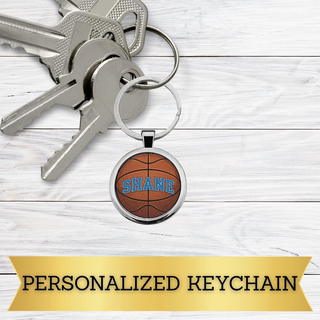 Personalized Basketball Blue Name Keychain | Round Stainless Steel ...