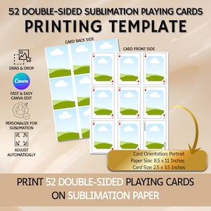 Puede incluir: Una plantilla para imprimir 52 cartas de juego de doble cara. El diseño incluye un reverso de carta con un paisaje y un anverso de carta con corazones. El tamaño del papel es de 21,6 x 27,9 cm y el tamaño de la carta es de 6,4 x 8,9 cm. La plantilla es para sublimación.