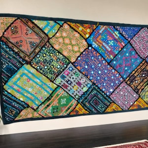Bohemian Patchwork Wall Hanging with Mirror Work, Hand Embroidered Kantha Quilt Tapestry