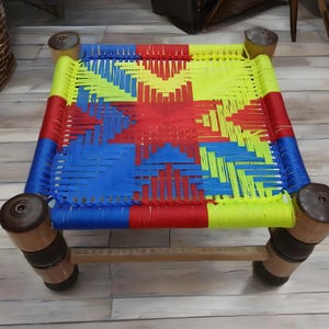 Handwoven Multicolor Charpai Stool, Traditional Woven Art, Vibrant Sindh & Rajasthani Decor, Unique Miniature Stool, Handcrafted Accent Wood