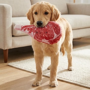 May include: A golden retriever dog holds a plush toy shaped like a large cut of raw steak in its mouth. The toy is red and white, with detailed printed patterns to mimic the look of meat. The dog stands on a rug in front of a beige couch.