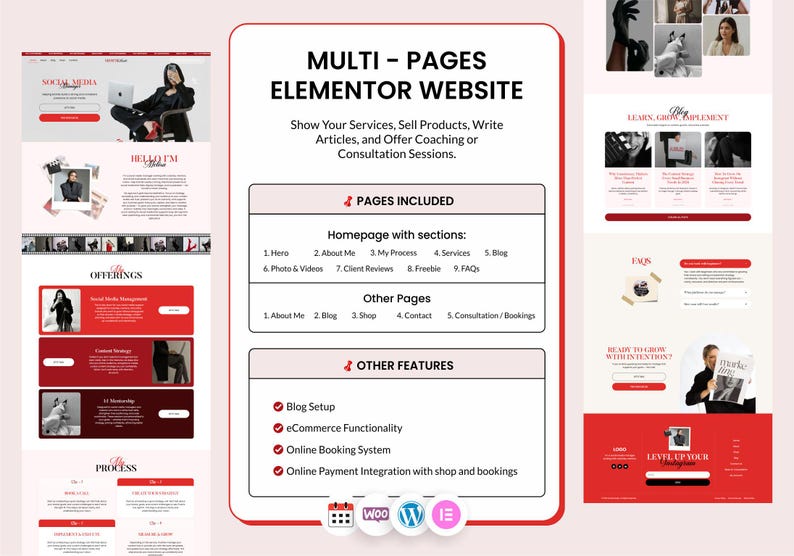 All-in-one Elementor WordPress template showcasing services, portfolio, testimonials, blog content, and online shop