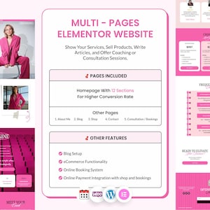 May include: A pink and white website design layout with the text "MULTI-PAGES ELEMENTOR WEBSITE" and "Show Your Services, Sell Products, Write Articles, and Offer Coaching or Consultation Sessions." Includes sections for pages, features, and pricing.