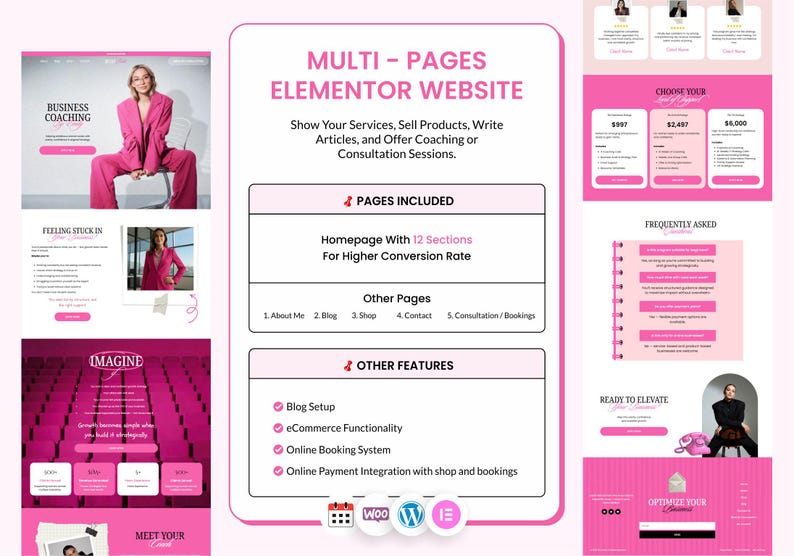 May include: A pink and white website design layout with the text "MULTI-PAGES ELEMENTOR WEBSITE" and "Show Your Services, Sell Products, Write Articles, and Offer Coaching or Consultation Sessions." Includes sections for pages, features, and pricing.