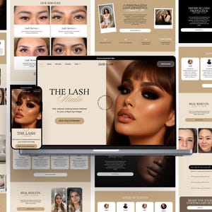 Pode incluir: Um design de site para "The Lash Studio" é exibido em um laptop e smartphone. O design apresenta imagens de olhos com extensões de cílios, o rosto de uma mulher e o texto "The Lash Studio" e "Book your appointment."