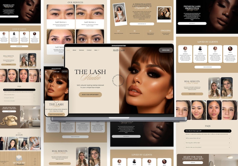 Luxury Lash Business Website Template with integrated booking system and shop, elegant editorial design for lash artists on WordPress.
