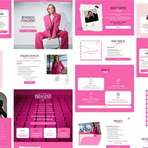 May include: A website layout with a pink and white color scheme. The page includes sections titled "Business Coaching", "Choose Your", "Frequently Asked", and "Imagine". The layout features images of a woman in a pink suit.
