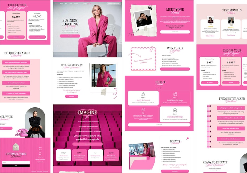 May include: A website layout with a pink and white color scheme. The page includes sections titled "Business Coaching", "Choose Your", "Frequently Asked", and "Imagine". The layout features images of a woman in a pink suit.