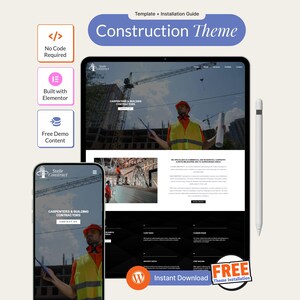 Construction WordPress Theme • Elementor Business Website Template • Contractor Company Site Design • Portfolio and  Services Pages