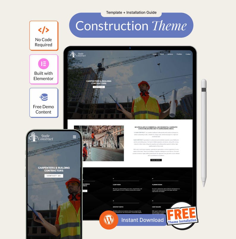Construction WordPress Theme • Elementor Business Website Template • Contractor Company Site Design • Portfolio and  Services Pages