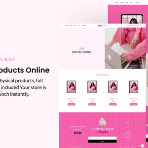 May include: A website design with a pink and white color scheme, showcasing an e-commerce setup. The text reads "Sell Products Online" and "Digital Goods." The design includes product displays, a laptop, and a form for optimizing business.