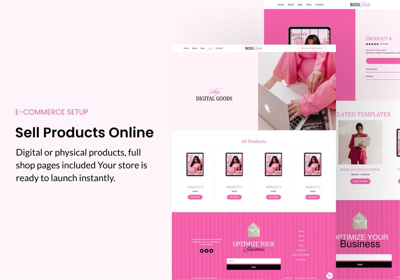 May include: A website design with a pink and white color scheme, showcasing an e-commerce setup. The text reads "Sell Products Online" and "Digital Goods." The design includes product displays, a laptop, and a form for optimizing business.