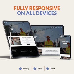 May include: A digital marketing graphic shows a website displayed on a tablet, laptop, and smartphone. The text "FULLY RESPONSIVE ON ALL DEVICES" is at the top. The bottom shows icons for Desktop, Mobile, and Tablet.