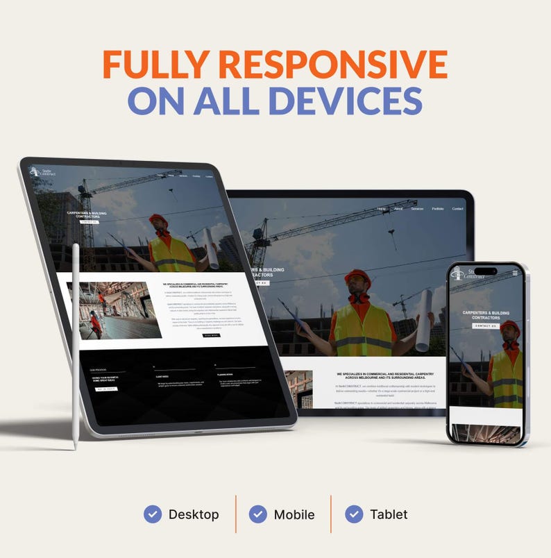 May include: A digital marketing graphic shows a website displayed on a tablet, laptop, and smartphone. The text "FULLY RESPONSIVE ON ALL DEVICES" is at the top. The bottom shows icons for Desktop, Mobile, and Tablet.