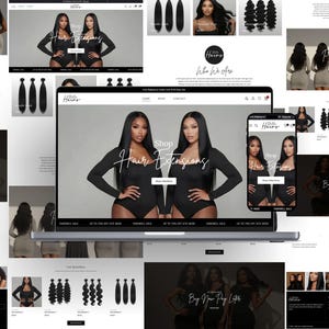Peut inclure: Conception de site web présentant des extensions de cheveux. L'image principale présente un ordinateur portable et un smartphone affichant le site web, avec des modèles et des images de produits. Diverses mèches d'extensions de cheveux sont également présentées.