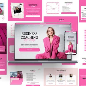 WordPress sales page template sections for digital products and coaching programs. Editorial style layout with sections for introduction, program details, and pricing in a luxury pink and white aesthetic.